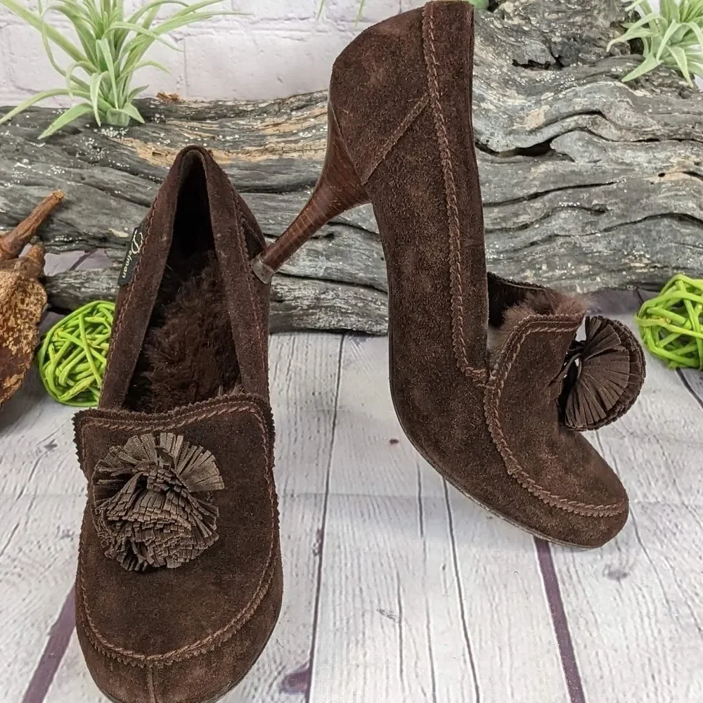 Delman Brown Suede Leather Fur Lined Heels